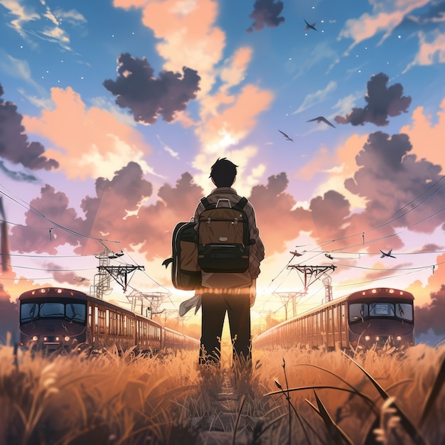 Anime-landschap van een reizende persoon