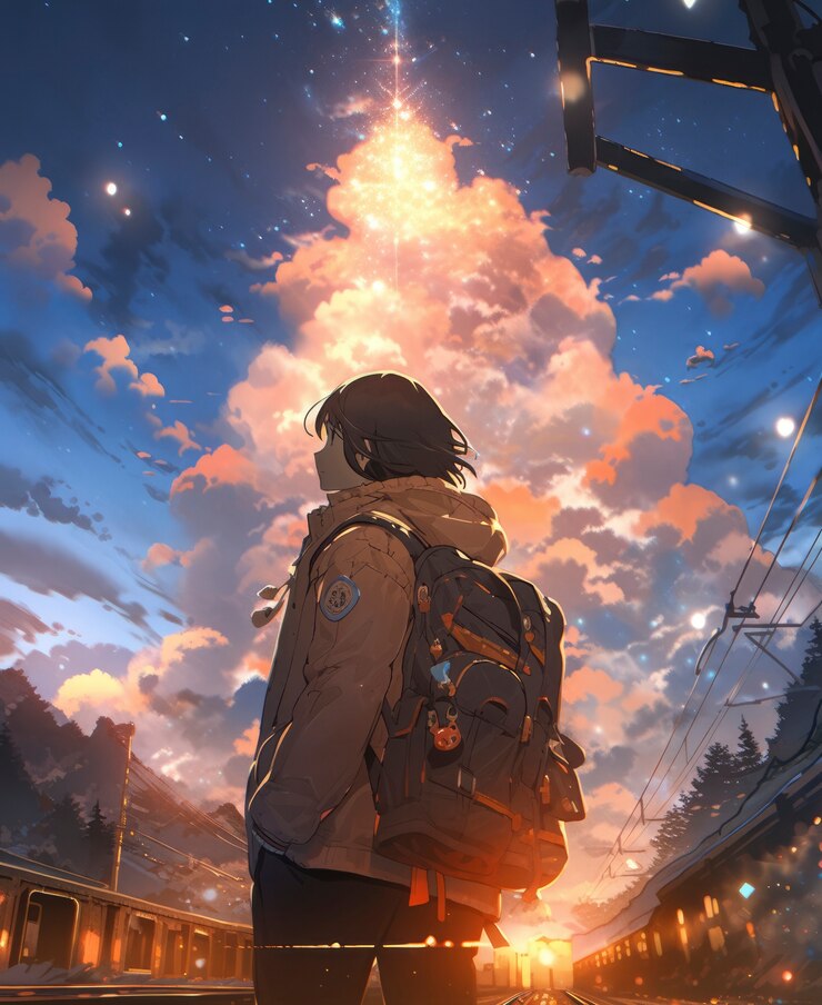 Anime-landschap van een reizende persoon
