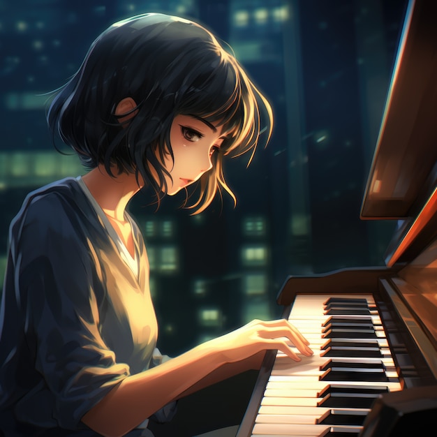 Anime personage die piano speelt