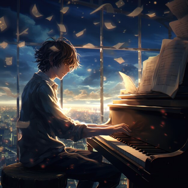 Anime personage die piano speelt