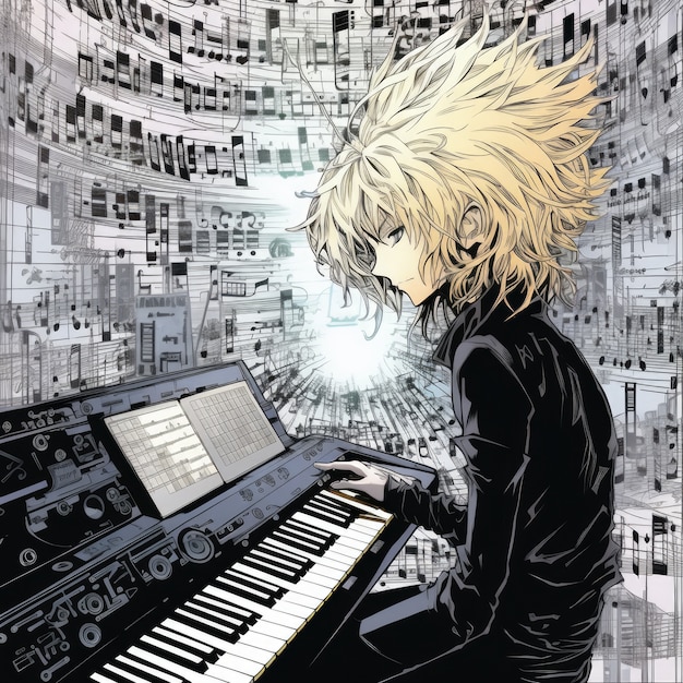 Anime personage die piano speelt