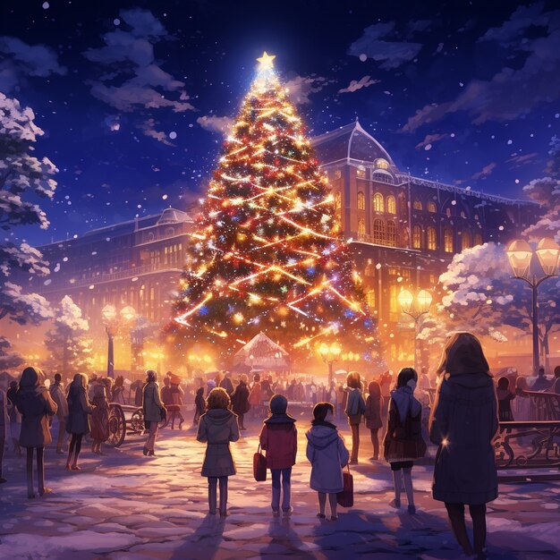 Anime personages in de stad kerst seizoen