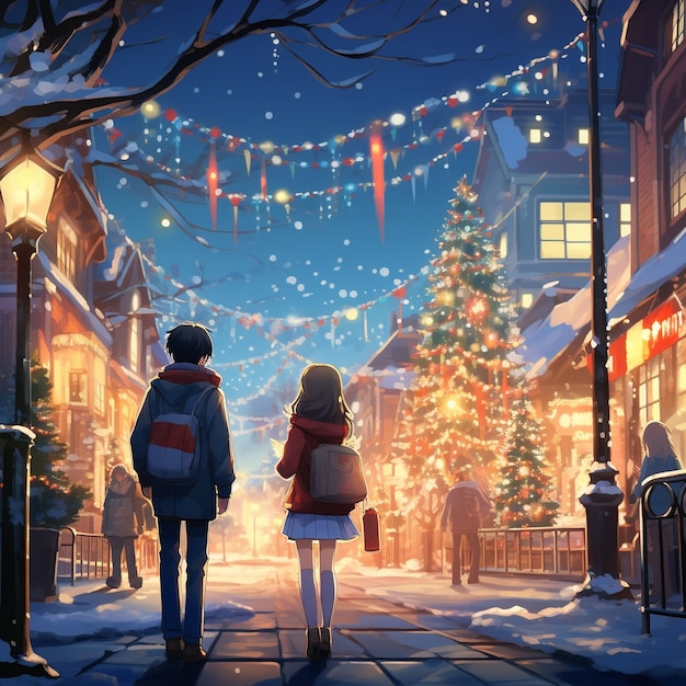 Gratis foto anime personages in de stad kerst seizoen