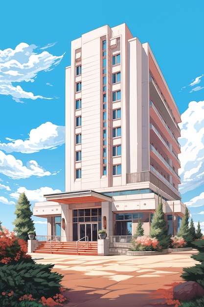 Anime platte gebouw illustratie