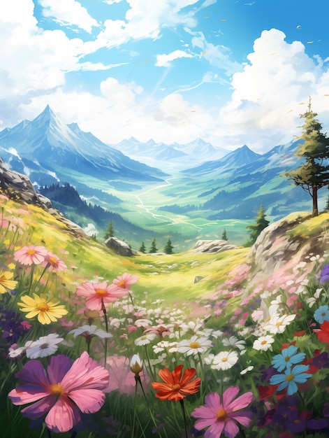 Anime stijl bergen landschap