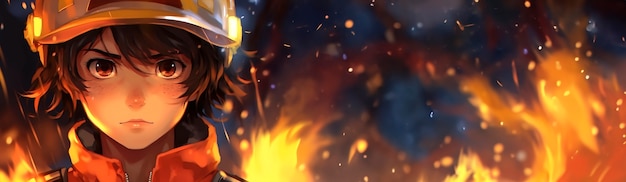 Anime stijl brandweerman personage met vuur