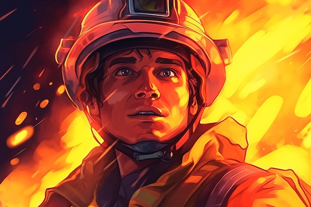 Anime stijl brandweerman personage met vuur