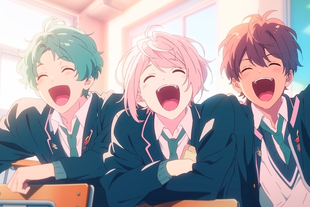 Gratis foto anime stijl groep jongens die tijd samen doorbrengen en genieten van hun vriendschap