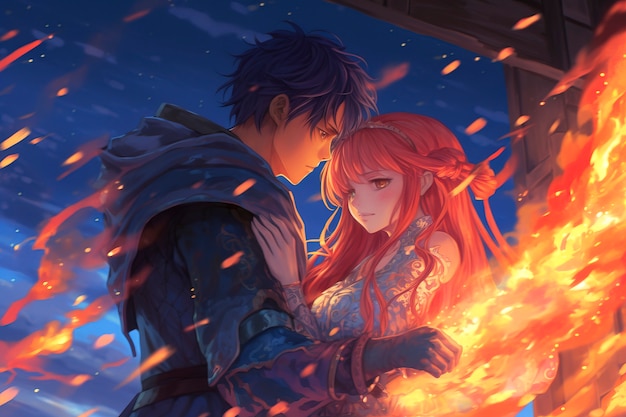 Anime stijl paar personages met vuur