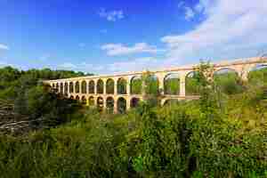 Gratis foto antiek aquaduct in de zomerbos. tarragona