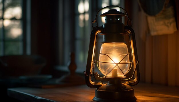 Antieke lantaarn gloeiend met kerosinevlam buitenshuis gegenereerd door AI