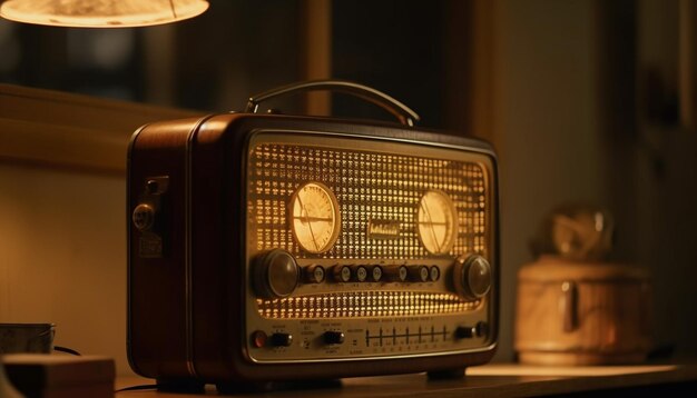 Antieke radio met glimmende knop zendt nostalgie uit gegenereerd door AI