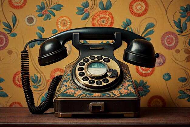 Antieke roterende telefoon op houten tafel nostalgie decor generatieve AI