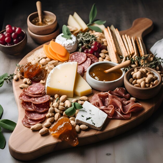 Antipasto bord met ham, kaas, noten en honing