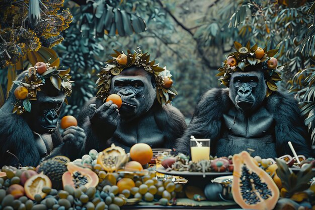 Apen genieten van een picknick in een fantasiewereld.