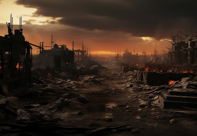 Apocalyptisch oorlogsgebied landschap met vernietiging