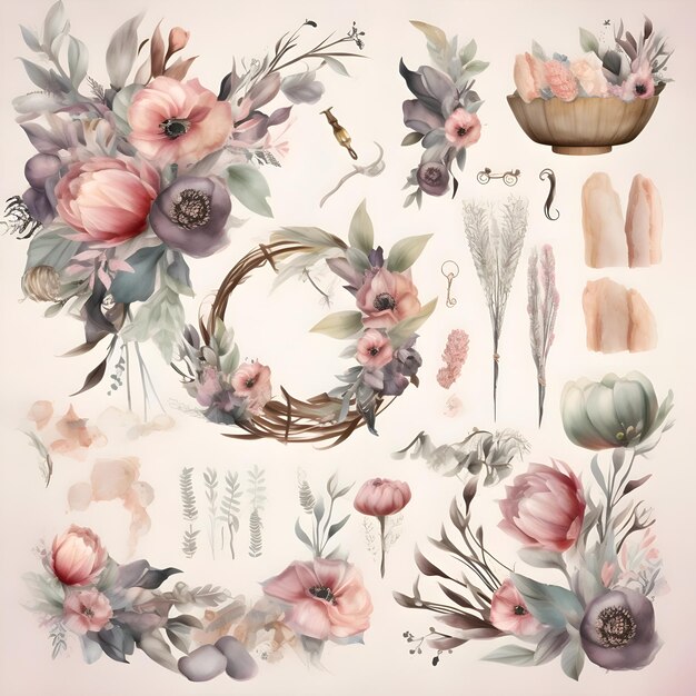 Aquarel bloemen set met de hand getekende bloemen bladeren en takken Vector illustratie