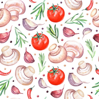 Aquarel naadloos patroon met champignons champignons, rozemarijn, tomaat en knoflook. hand getekende illustratie geïsoleerd op een witte achtergrond.