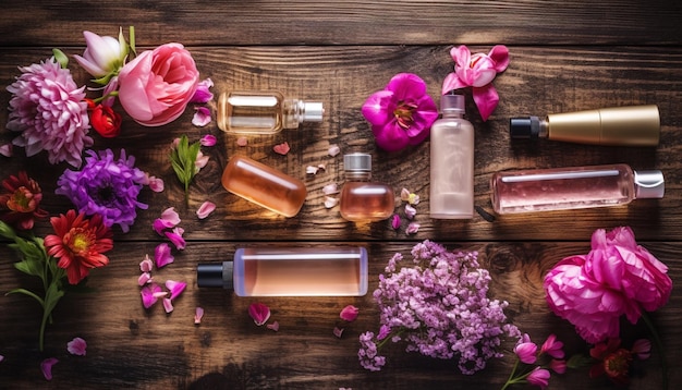 Gratis foto aromatherapiefles met geurende roze parfum, natuurschoonheidsbehandeling gegenereerd door kunstmatige intelligentie