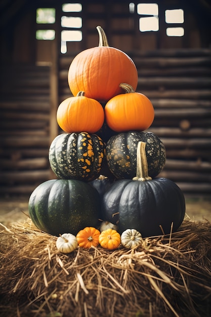 Gratis foto arrangement van pompoenen binnen