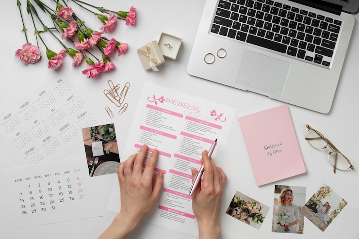 Gratis Foto arrangement voor huwelijksplanning van bovenaf