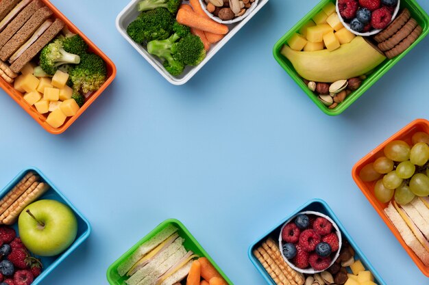 Assortiment gezonde lunchboxen met kopieerruimte