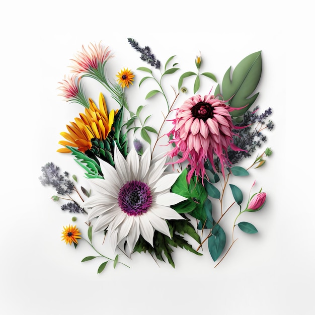 Gratis foto assortiment van bladeren en bloemen op witte achtergrond