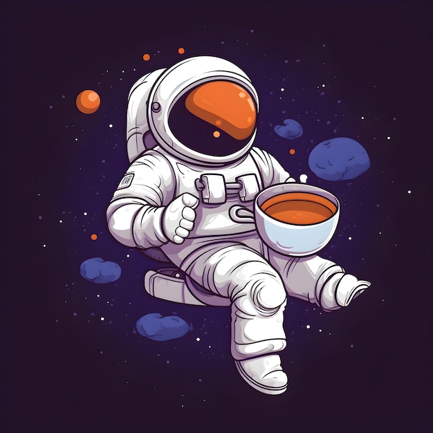 Gratis foto astronaut met een kopje thee vector illustratie op ruimte achtergrond