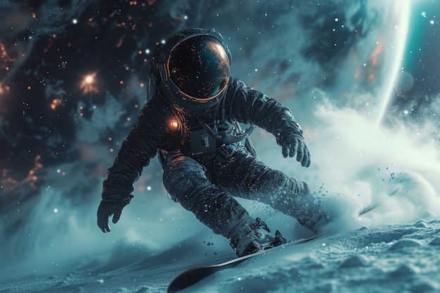 Gratis foto astronaut met ruimtetuig oefent snowboarden op de maan