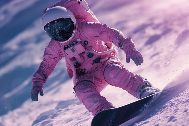 Astronaut met ruimtetuig oefent snowboarden op de maan