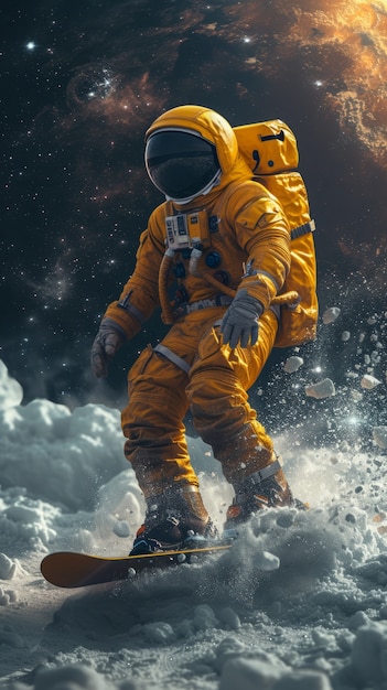 Gratis foto astronaut met ruimtetuig oefent snowboarden op de maan