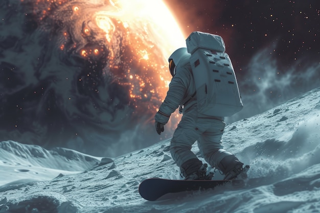 Gratis foto astronaut met ruimtetuig oefent snowboarden op de maan