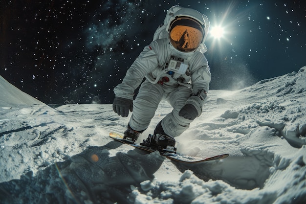 Gratis foto astronaut met ruimtetuig oefent snowboarden op de maan