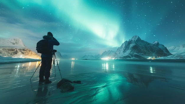 Gratis foto aurora borealis landschap over de zee