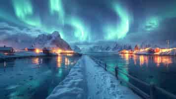 Gratis foto aurora borealis landschap over de zee