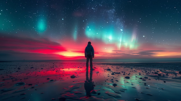 Gratis foto aurora borealis landschap over de zee