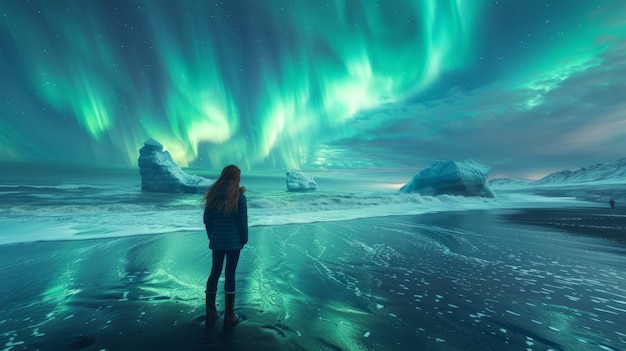 Aurora borealis landschap over de zee