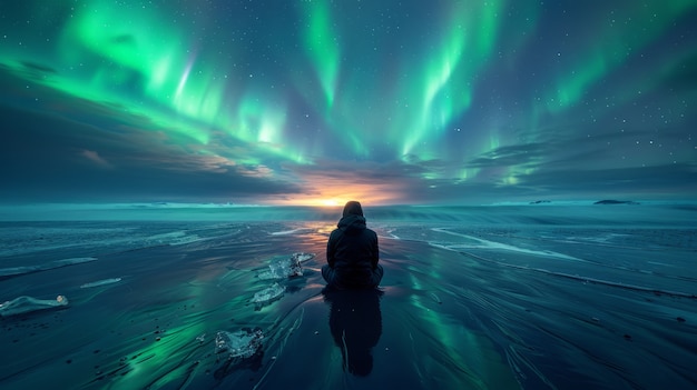 Aurora borealis landschap over de zee