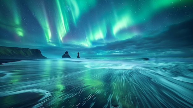Aurora borealis landschap over de zee