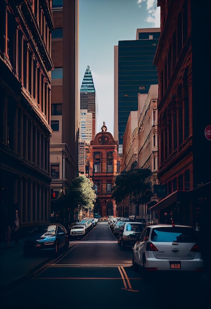 Gratis foto auto's razen door de stad terwijl wolkenkrabbers nachtelijke generatieve ai verlichten