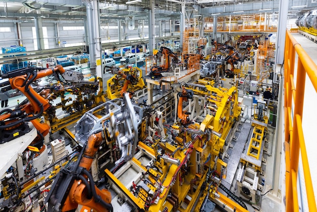 Automobiel productielijn lassen carrosserie moderne auto assemblagefabriek bovenaanzicht