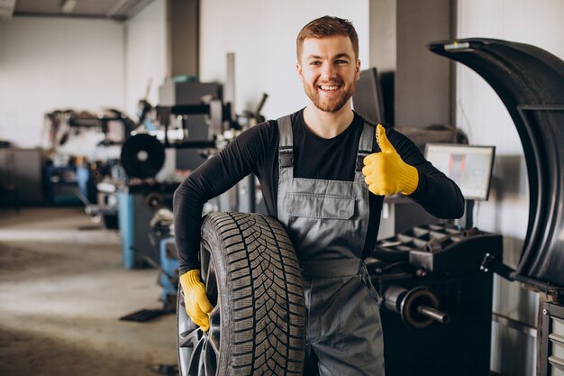 Automonteur die wielen in auto verwisselt