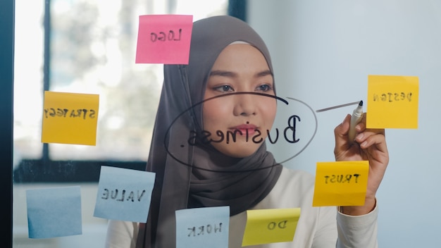 Aziatische moslimdame schrijft informatie, strategie, herinnering op glazen bord in nieuw normaal kantoor.