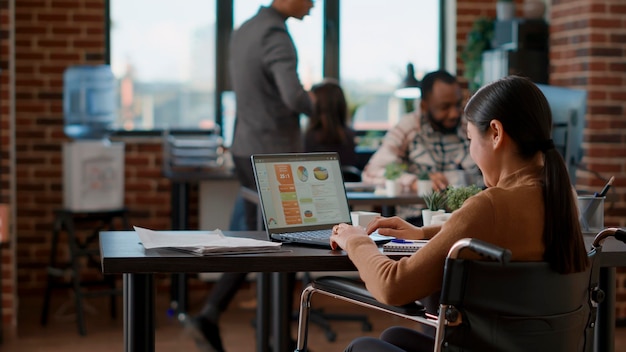 Aziatische vrouw begroet kantoorcollega's en arriveert op het werk, maakt zich klaar om marketingpresentatie te plannen. Vrouwelijke werknemer die laptop gebruikt om financiële grafieken te analyseren voor opstartgroei.