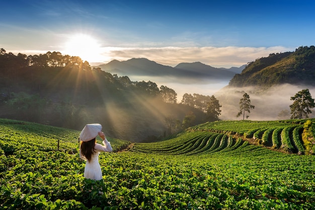 Aziatische vrouw die de cultuur van Vietnam traditioneel in aardbeientuin dragen op Doi Ang Khang, Chiang Mai, Thailand.