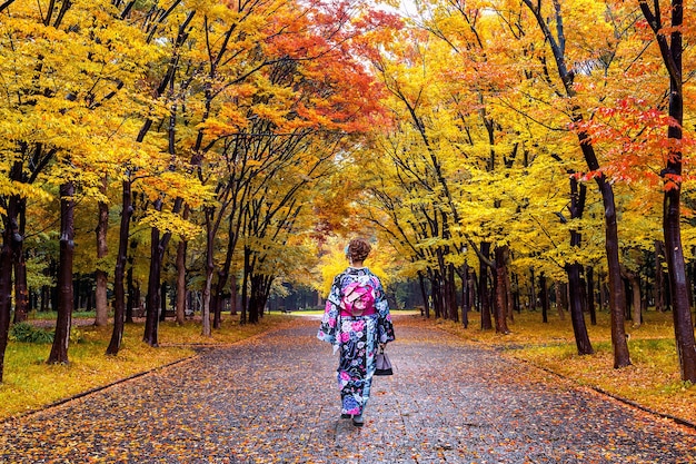 Aziatische vrouw die Japanse traditionele kimono in de herfstpark draagt.