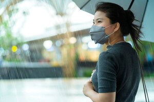 Aziatische vrouwelijke vrouw die gezichtsmaskerbescherming draagt die alleen staat, houdt de paraplu vast in het regenseizoen, zware regenval buiten straatkant