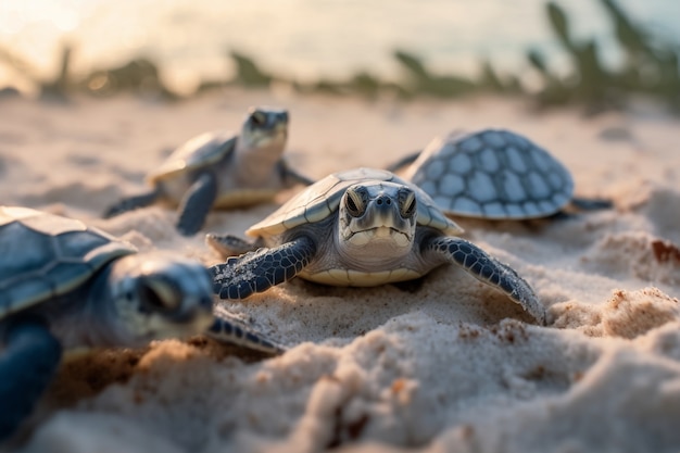 Babyschildpadden komen uit aan de kust