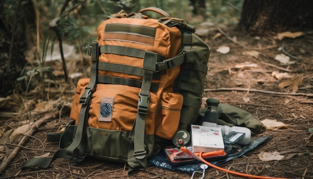 Backpacker met wandelstok verkent door AI gegenereerd wildernisgebied