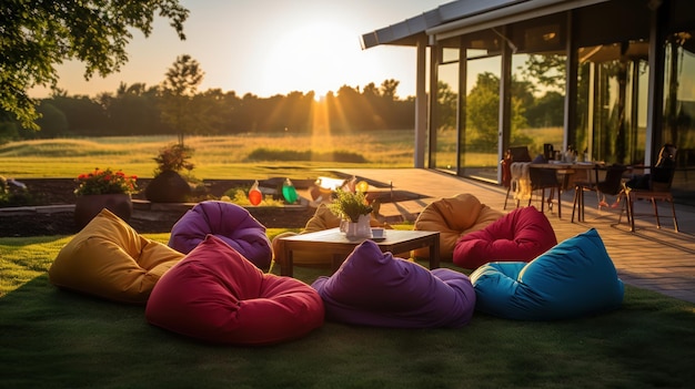 Gratis foto bagger bonenzakken rusten op het schaduwrijke gras en bieden een ontspannen zitoptie in een moderne buitenfeestomgeving